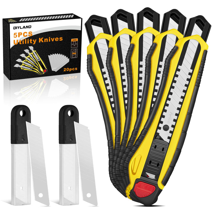 5 Stück Cuttermesser Set Profi mit 20 Stück Ersatzklingen aus Carbonstahl, Teppichmesser mit Gummigr