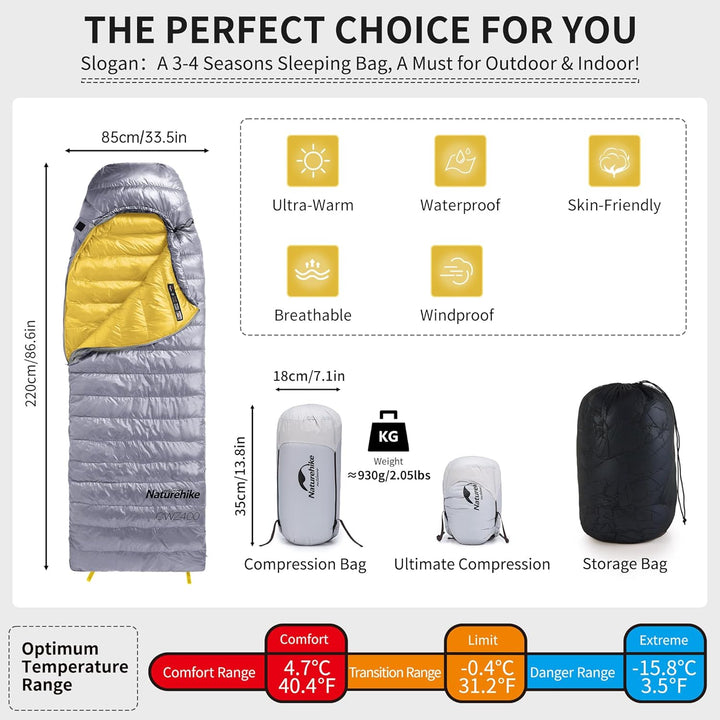 Naturehike Daunenschlafsack Ultraleichte Tragbare Kompackte Winter Schlafsack 4 Jahreszeiten für Erw