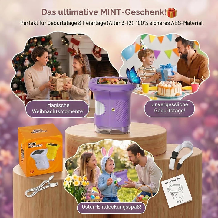 Mikroskop für Kinder, 1000X 4K Digitalmikroskop mit IPS-Display, 8 LED Licht, USB-aufladbar, Tragbar