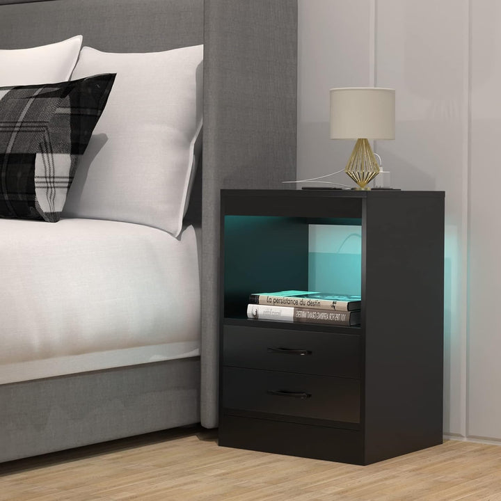 PIPIPOXER Nachttisch mit LED Beleuchtung, Beistelltisch in Schwarz mit Steckdose und Anschlüsse,Nach