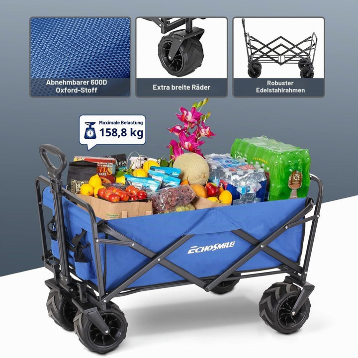 EchoSmile Bollerwagen Faltbar 200L 160KG, Handwagen Transportwagen Klappbar mit Verstellbarem Griff
