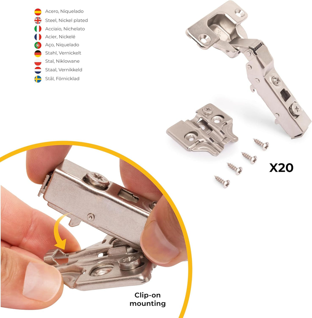 Emuca 1011407 Pack aus 20 Topfscharnieren Ø35mm 100° mit sanftem Verschluss für sich halb überlappen