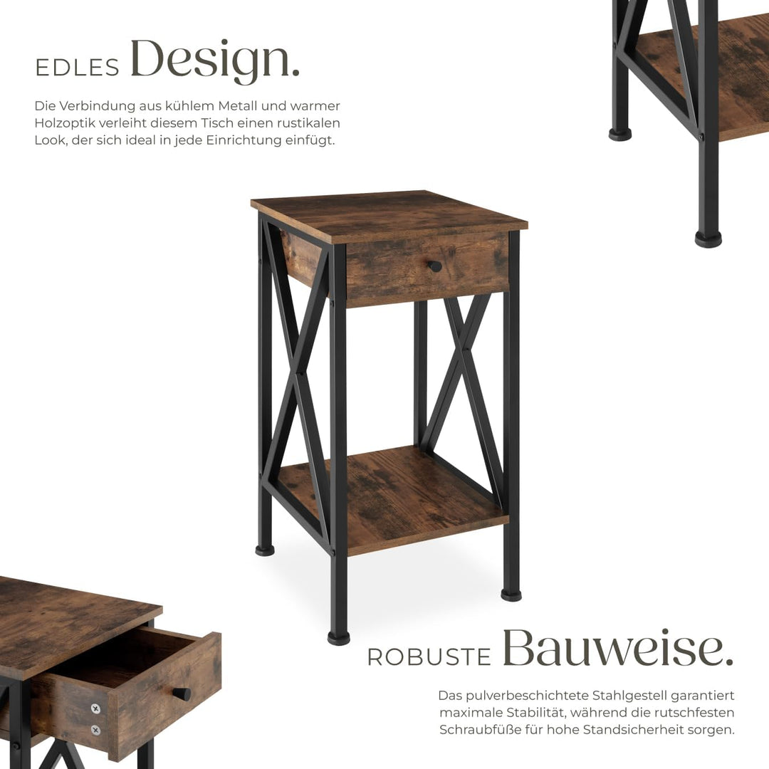 tectake Beistelltisch mit Schublade und Ablageflächen, Nachttisch Boxspringbett, Industrie-Design, 3