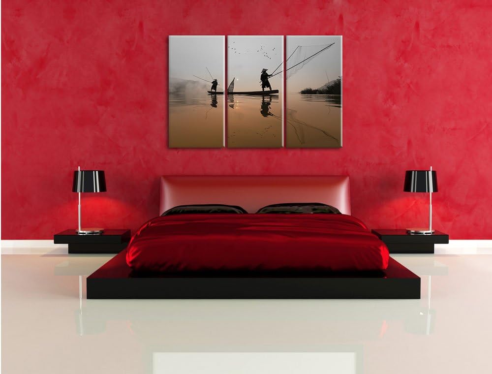 Pixxprint Fisher beim Angeln im Mekong-Fluss in Thailand B&W Detail 3-Teiler Leinwandbild 120x80 Bil
