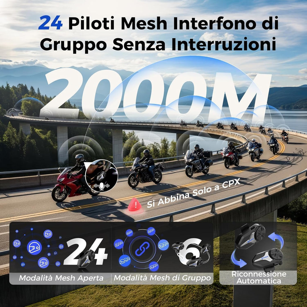 Moman CPX Mesh Motorrad Headset 2000m für 24 Motorräder (1PC) | Helm Intercom BT5.4, ENC/DSP/CVC Noi