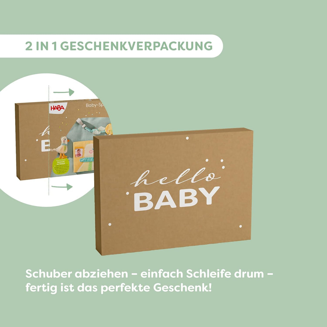 HABA Baby-Spiel-Set Gans 3-in-1 – Geschenkset mit Greifling, Knisterbuch & Schmusetuch, Sinnesspielz