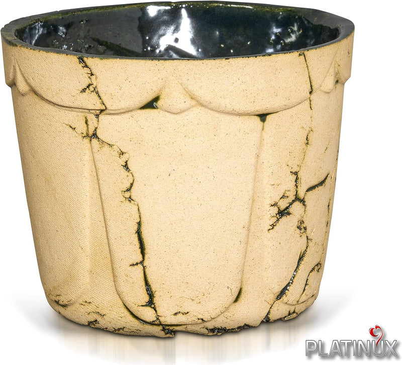 PLATINUX Steingut Blumentopf mit Untersetzer & Abflussloch 18,6x15,7cm Blumenkübel Steinoptik Grün G