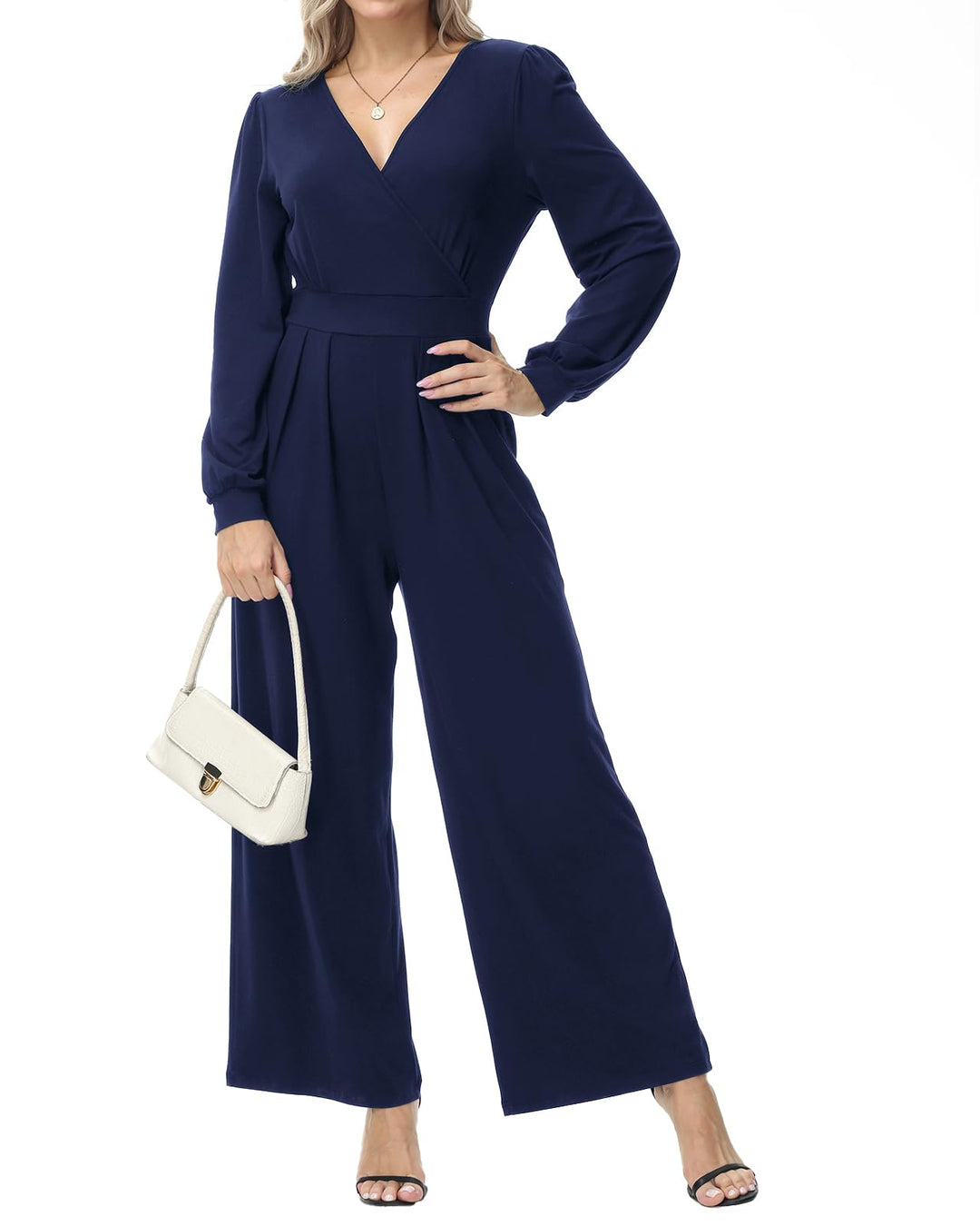 Tanmolo Damen Lang Jumpsuit Langarm V-Ausschnitt Overall Elegant Hosenanzug Weites Bein Romper Mit T