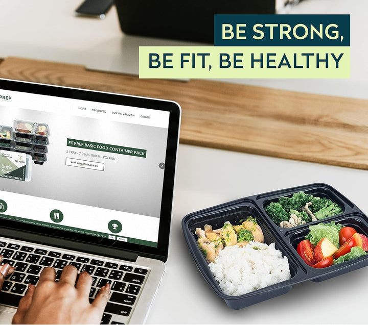 FITPREP 3 Fach Meal Prep Boxen im praktischen10er Pack - Mikrowellen &amp; Spülmaschinenfest, Mehrweg, L