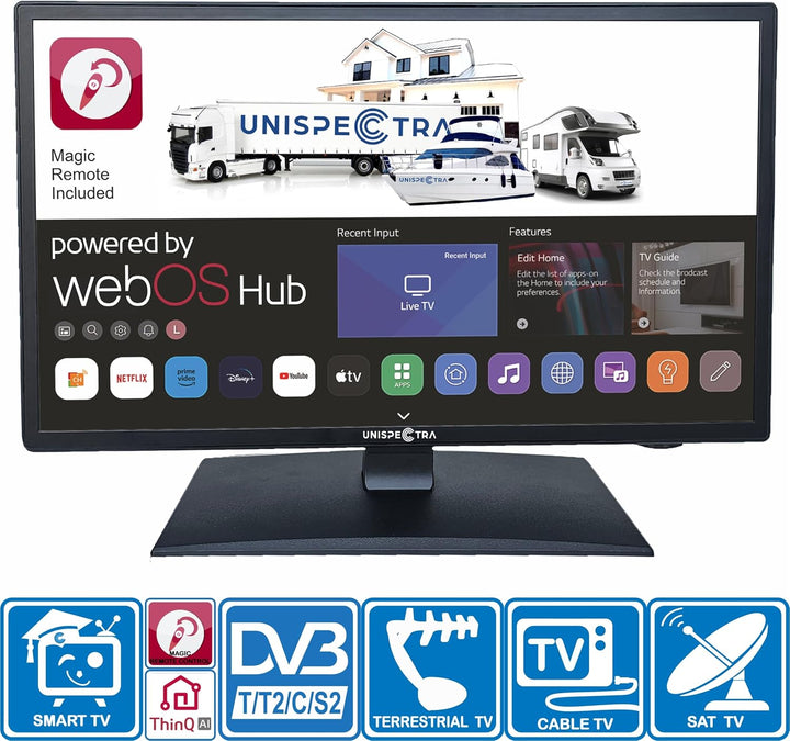 Unispectra ® 19“ Smart TV (webOS) HDR 230V 24V Triple Tuner: Satellit, Antenne, Kabel TV, Magic Remo