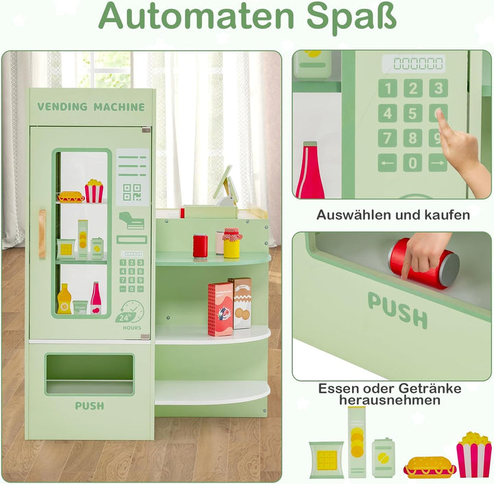 COSTWAY Kinder Kaufladen, Kaufmannsladen aus Holz mit Seitentheke, Supermarkt-Set mit Kasse, POS-Mas