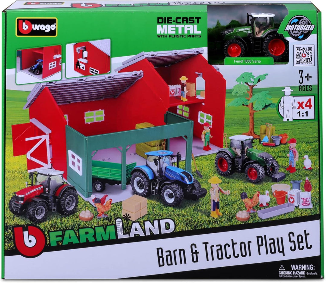 Bburago Farmland Set Fendt Farm Hütte: Spielset inklusive Spielfiguren und Traktor mit Schwungrad-An