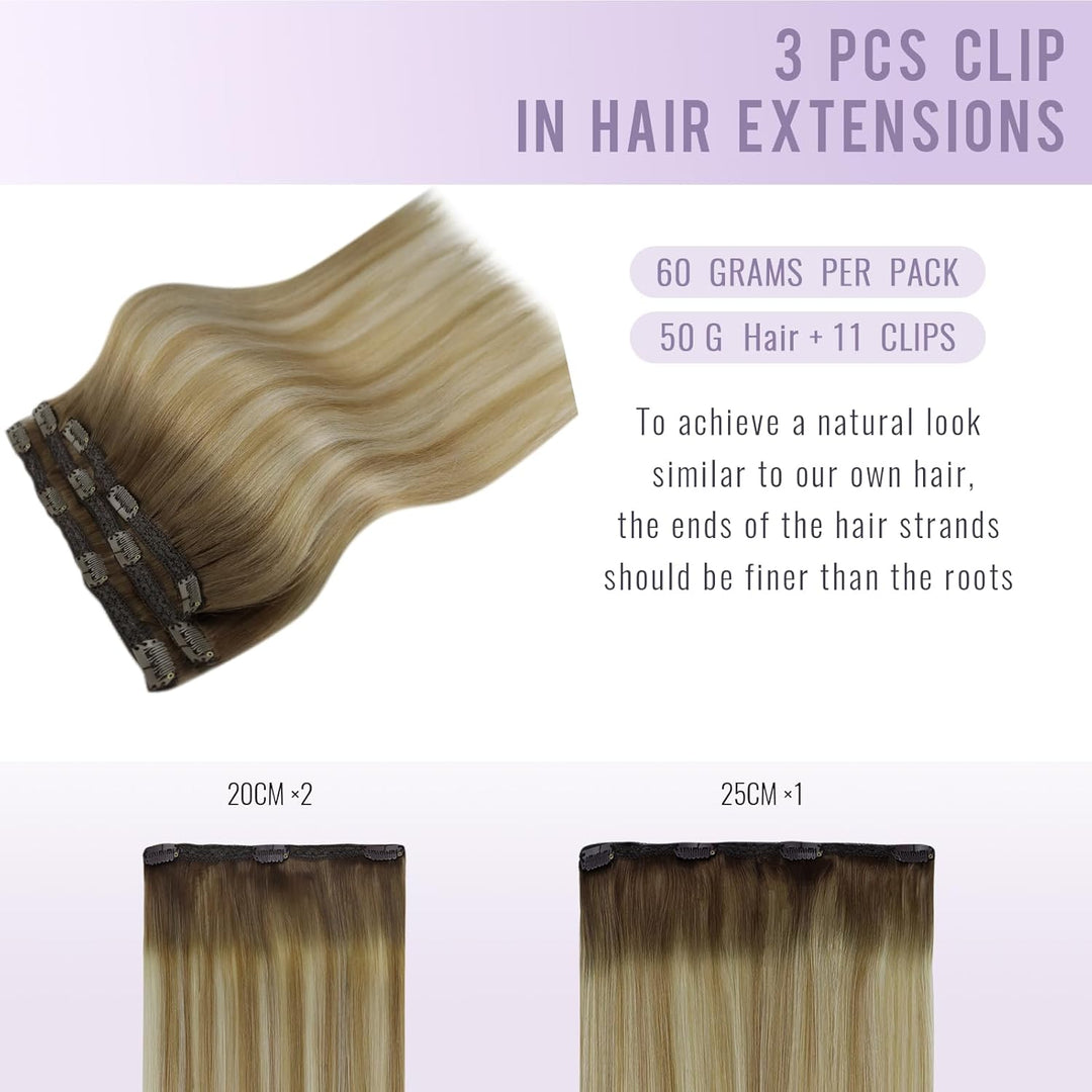 Fshine Clip Extensions Echthaar Günstig, 25cm 50g 3 Stücke Echthaar Extensions Clip in Haarverlänger