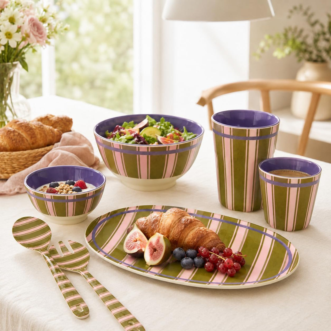 RICE Salatbesteck Melamin 2-teilig, 29 cm, grün rosa Streifen | Salatlöffel &amp; Salatgabel, BPA-frei,