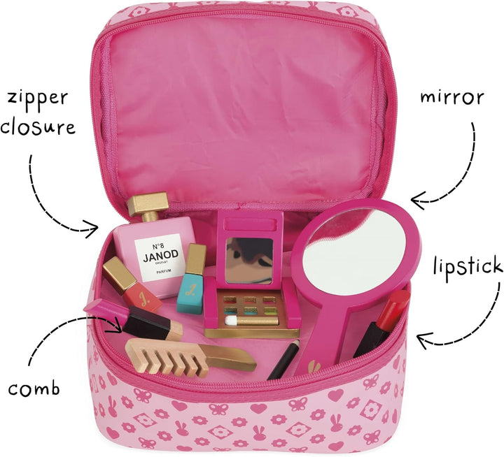 Janod - P'tite Miss Vanity Case for Children - 9 Solid Wood Accessories Included - Pretend Play Toy