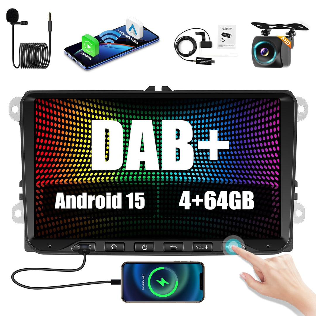 Hikity DAB/DAB+ [4+64GB] Android 15 Autoradio für VW Golf 5 6 Passat Polo Tiguan Touran Caddy Skoda