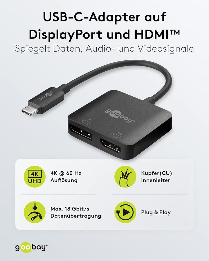 Goobay 60172 Adapter USB-C auf HDMI & DisplayPort für die Erweiterung auf 2 Monitore gleichzeitig/Mu