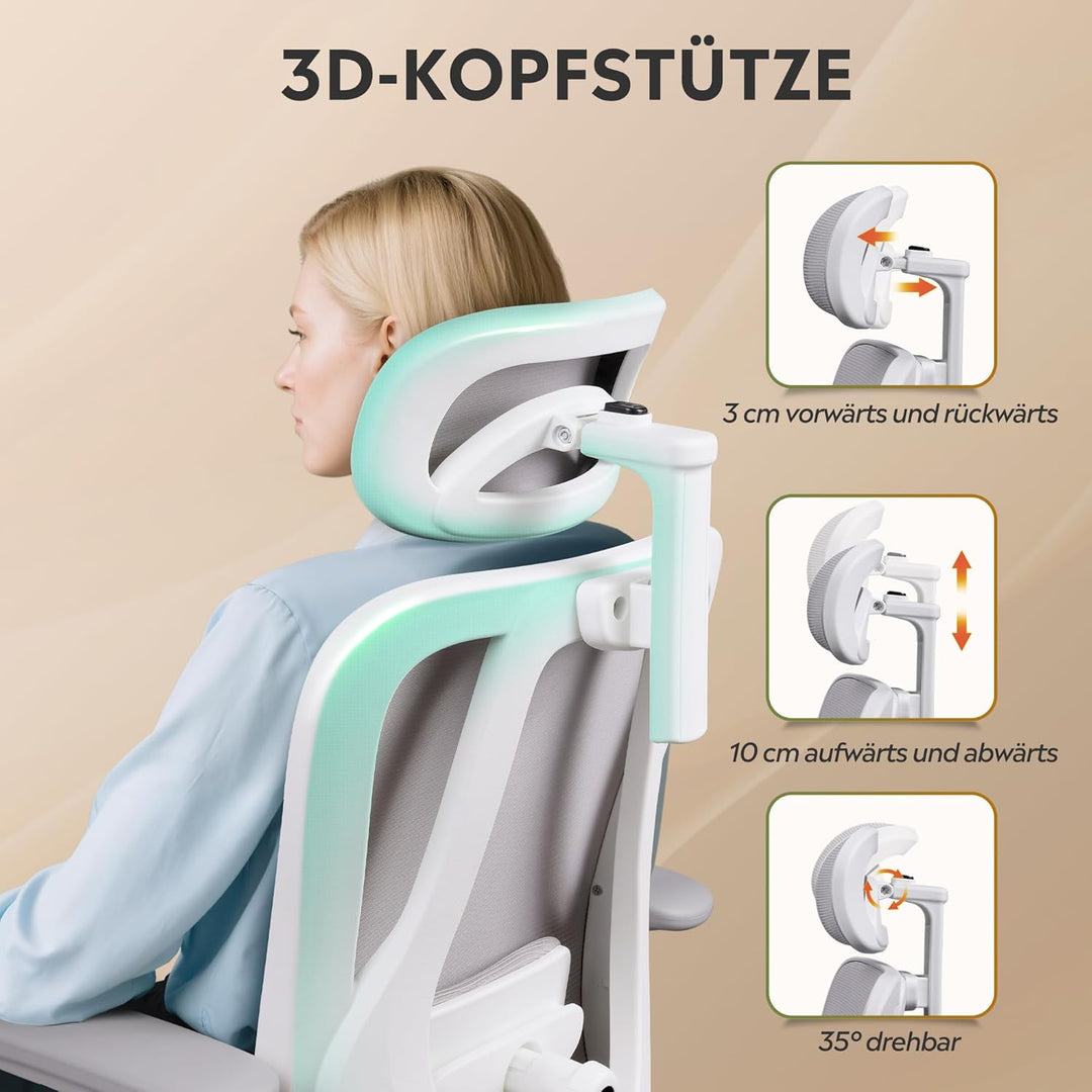DEVAISE Bürostuhl Ergonomisch: Schreibtischstuhl mit Wippfunktion, Verstellbarer Kopfstütze & Lenden