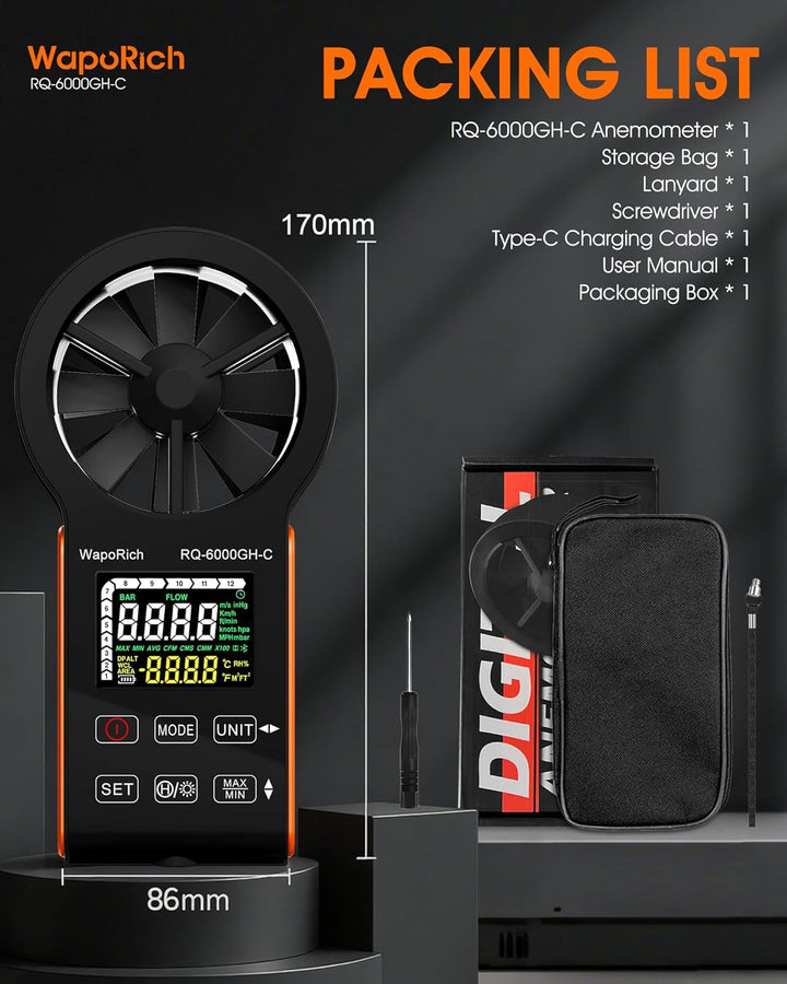 CFM Anemometer Windmesser mit Touchscreen, WapoRich Wiederaufladbares Luftstrommessgerät 0~999900 CF