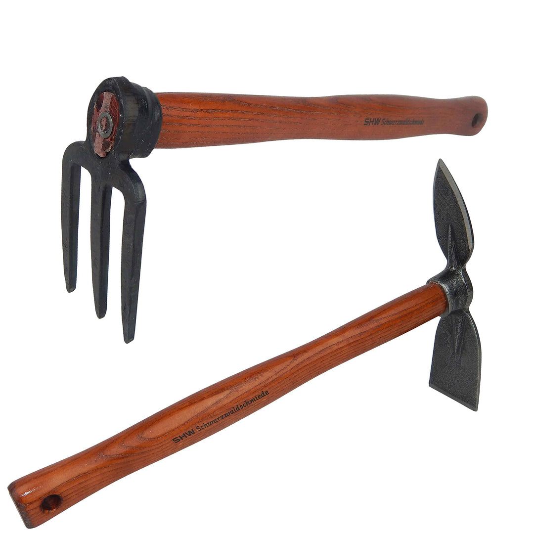 Rex Set Häckchen 3 Zinken + Doppelhacke Breitblatt, Herzblatt - Geschmiedet - mit Stiel 40 cm
