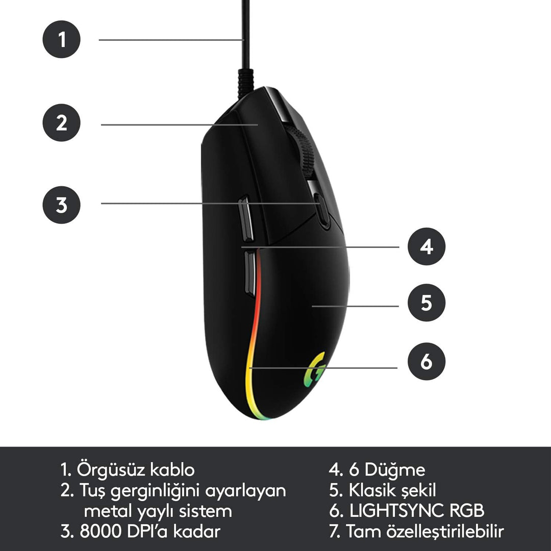 Logitech Gaming Mouse G102 LIGHTSYNC Maus für Rechtshänder, Optisch, 6 Tasten, kabelgebunden, USB, s