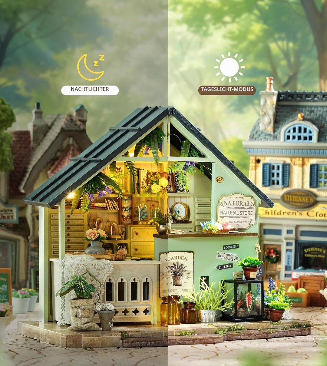 Spilay DIY Miniature House, Mini Handgefertigte Grünes Pflanzenstudio Kit Mit LED-Licht, Schutzhülle