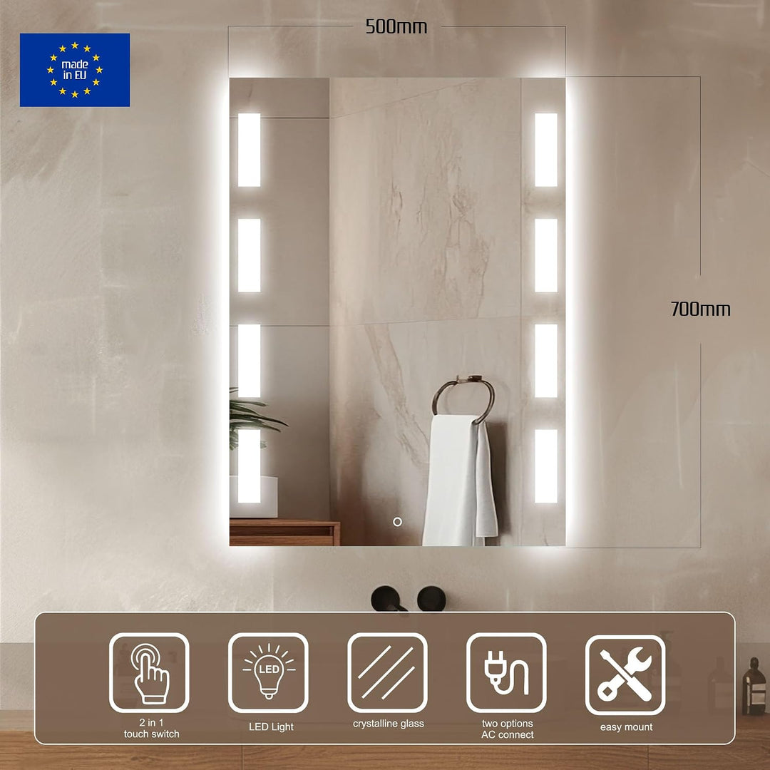 Venti Rechteckiger LED Badspiegel 50 × 70 cm, Seitlichen Leuchtmustern | LED Wandspiegel, Touchschal