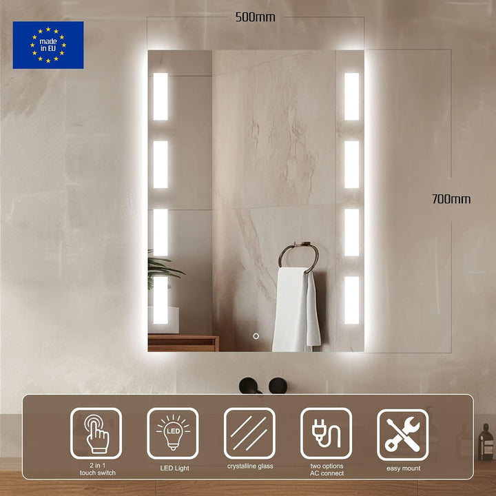 Venti Rechteckiger LED Badspiegel 50 × 70 cm, Seitlichen Leuchtmustern | LED Wandspiegel, Touchschal