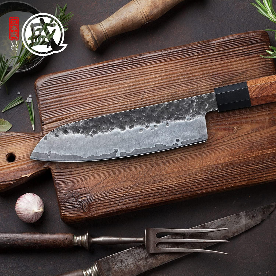 MITSUMOTO SAKARI Handgeschmiedetes Küchenmesser, Hochkohlenstoffstahl Scharfe Kochmesser, 19 cm Sant