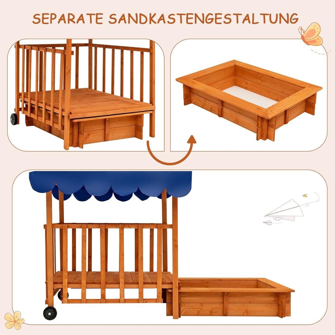 COSTWAY Sandkasten Holz, Spielveranda mit Sandbox, Abdeckung, Dach, Hinterräder, Geländer, rollbarer