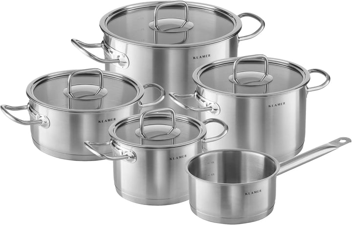KLAMER Premium Edelstahl Kochtopf-Set mit Glasdeckel, Töpfe Set unbeschichtet, Induktionstöpfe-Set (
