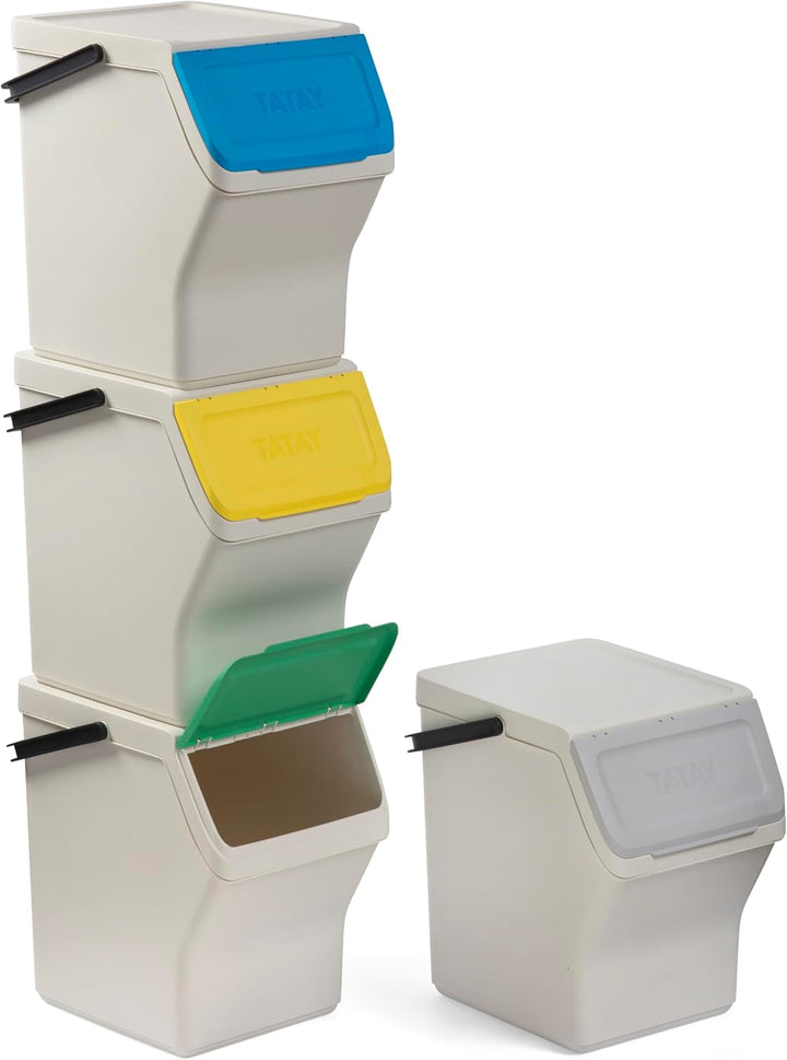 TATAY Mülltrennsystem Easy Waste 20L | 4er Set Recycling Behälter | Modular und Stapelbar | Deckel m
