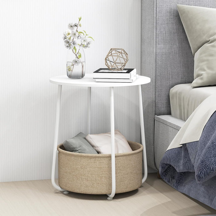 GYMAX Beistelltisch rund, Kleiner Tisch mit 2 Ebenen &amp; abnehmbarem Stoffkorb, Sofatisch mit Metallra