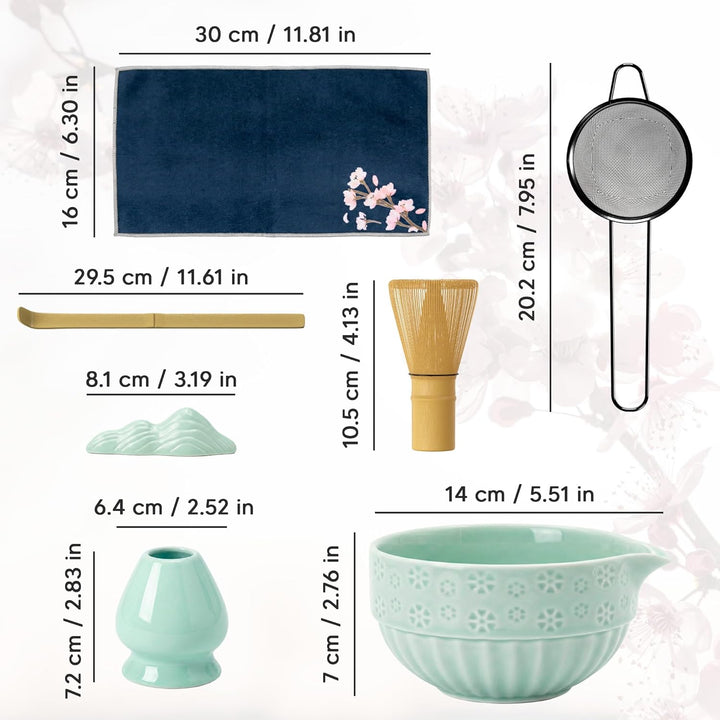 Matcha Set, Keramik Matcha Tee Set Mit Schale, Bambusbesen, Löffel, Sieb, Löffelablage, Besenhalter,