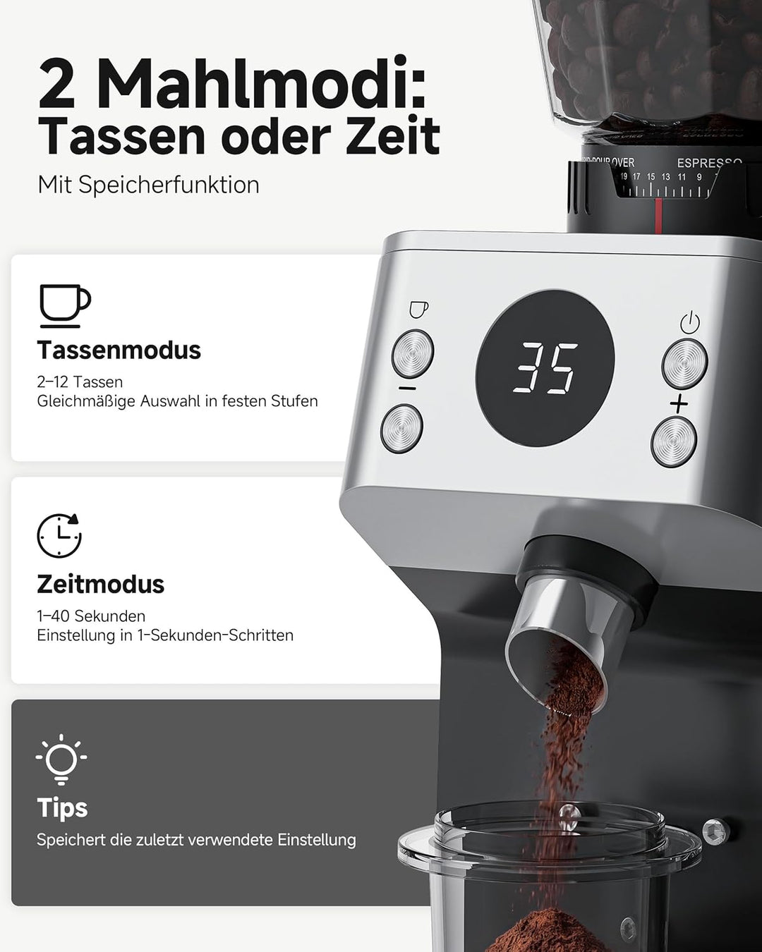 AAOBOSI Kaffeemühle Elektrisch, 45 Mahlgrade, 40 mm Edelstahl-Kegelmahlwerk Black&amp;silver, Black&amp;silv