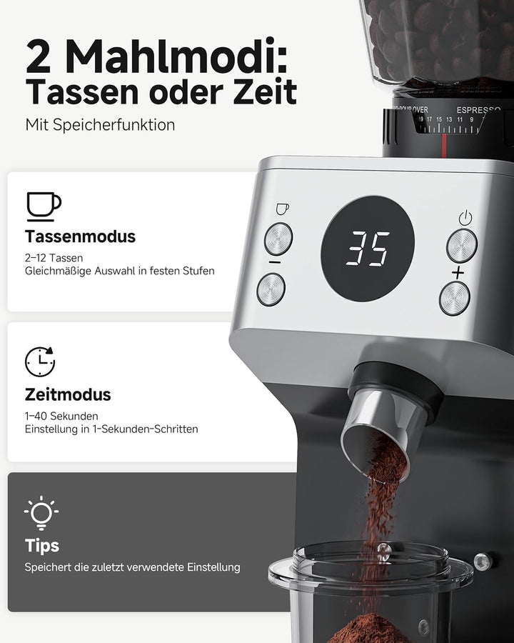 AAOBOSI Kaffeemühle Elektrisch, 45 Mahlgrade, 40 mm Edelstahl-Kegelmahlwerk Black&amp;silver, Black&amp;silv