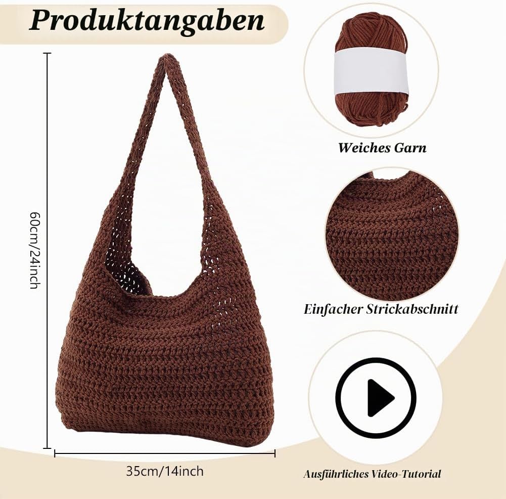 FREEBLOSS Häkel Schultertaschen Set Zum Selbermachen: Komplettes Häkel Starterset Mit Video Anleitun