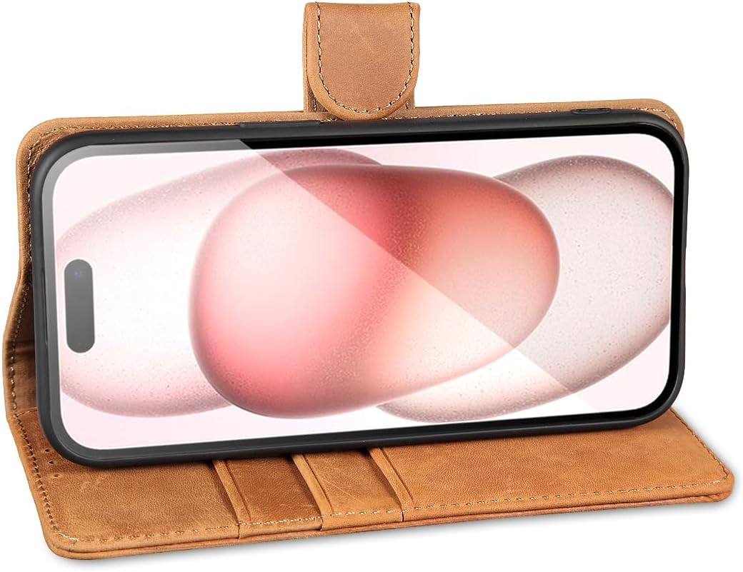 LENSUN Echtleder Hülle für iPhone 15, Handyhülle [Echtes Leder][Kartenfach][RFID Schutz] Handytasche