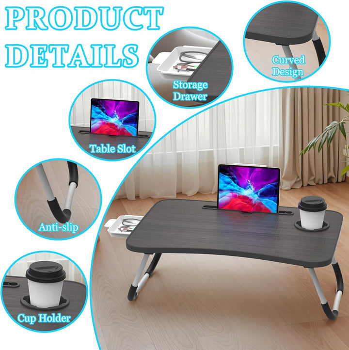 Soontrans Laptoptisch, 60 x 40 x 28 cm, Laptop Tisch mit Tablethalter, Schublade, Getränkehalter, Be