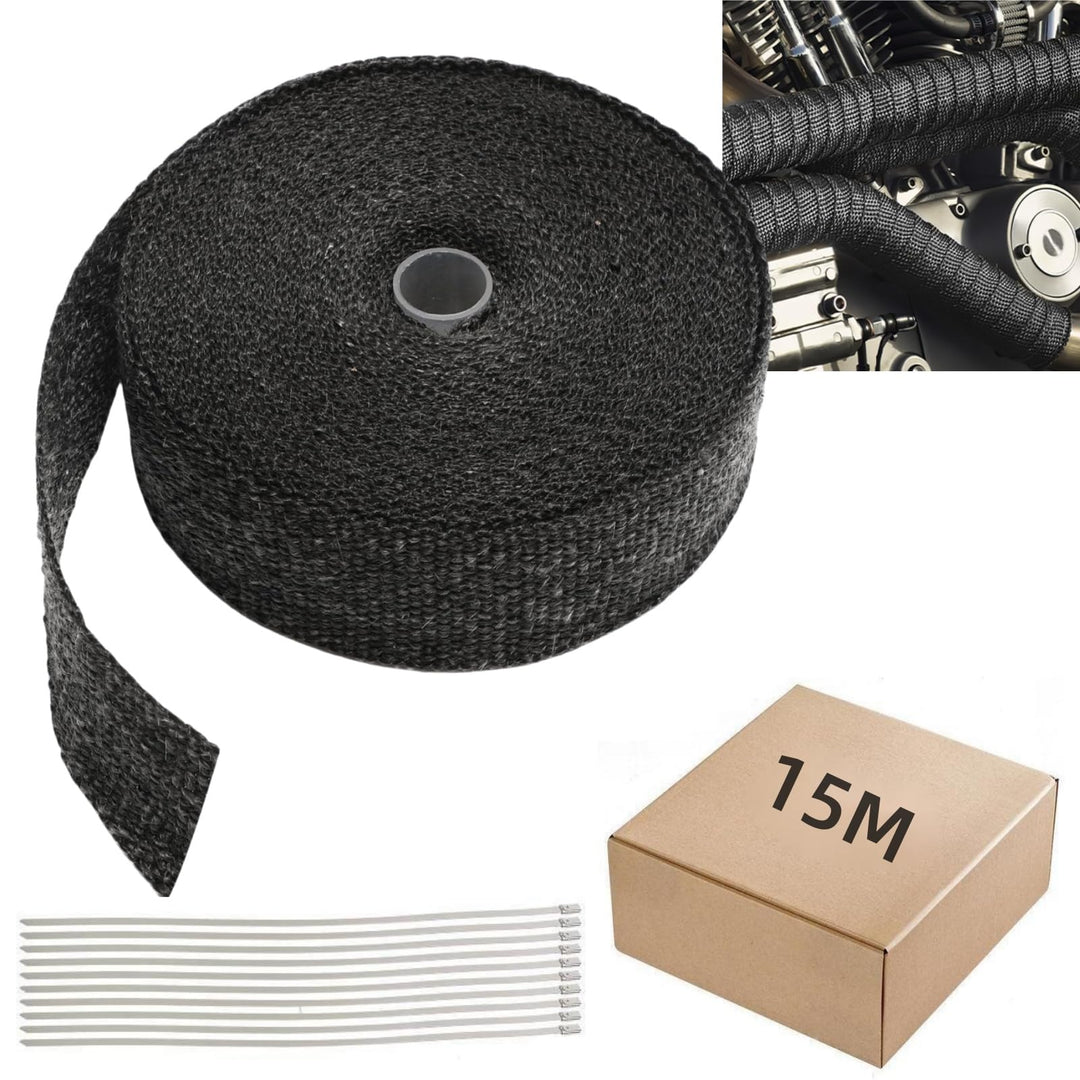 Fiqops 15M x 5CM Hitzeschutzband Auspuff Dichtband mit 10Pcs Edelstahl Kabelbinder Auspuffband Hitze
