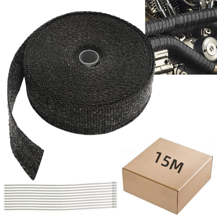 Fiqops 15M x 5CM Hitzeschutzband Auspuff Dichtband mit 10Pcs Edelstahl Kabelbinder Auspuffband Hitze