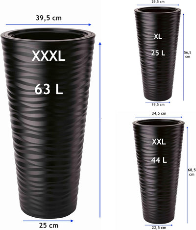 MELTOM Blumenkübel 3D Effekt Welle Slim Rund Einsatz Pflanzgefäss Set 3: XL XXL 3XL Anthrazit