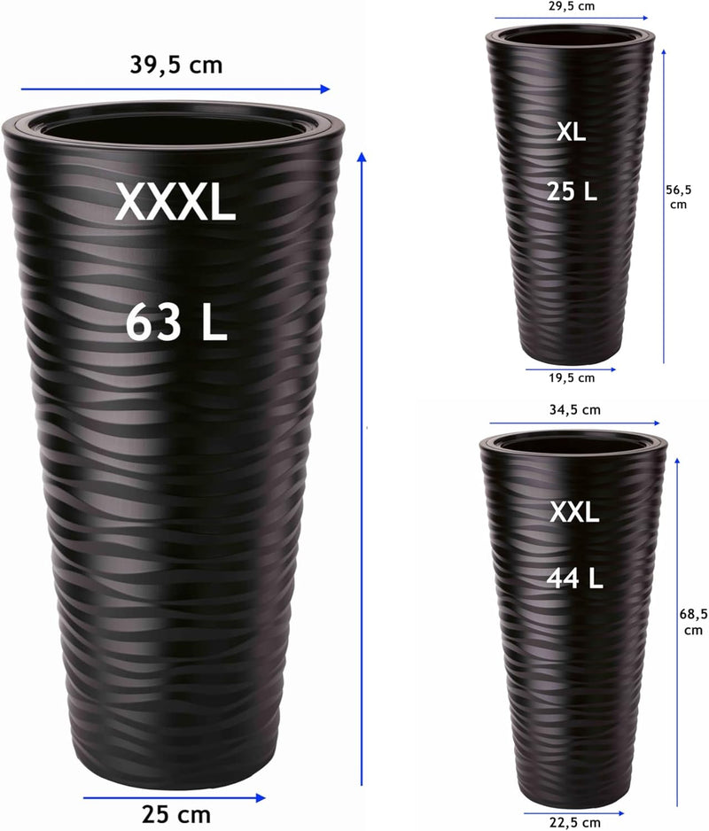 MELTOM Blumenkübel 3D Effekt Welle Slim Rund Einsatz Pflanzgefäss Set 3: XL XXL 3XL Anthrazit