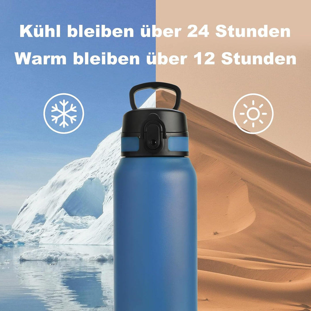UZSPACE Edelstahl Trinkflasche 1l (970ml), Isolierte Thermosflasche mit 1-Klick-Öffnung, 100% Auslau