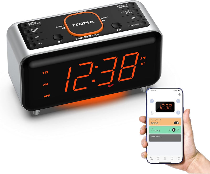 Radiowecker mit App-Steuerung, Bluetooth, FM-Radio, Dual Alarm von 4-Alarmmodi, Easy Snooze, Dimmer,