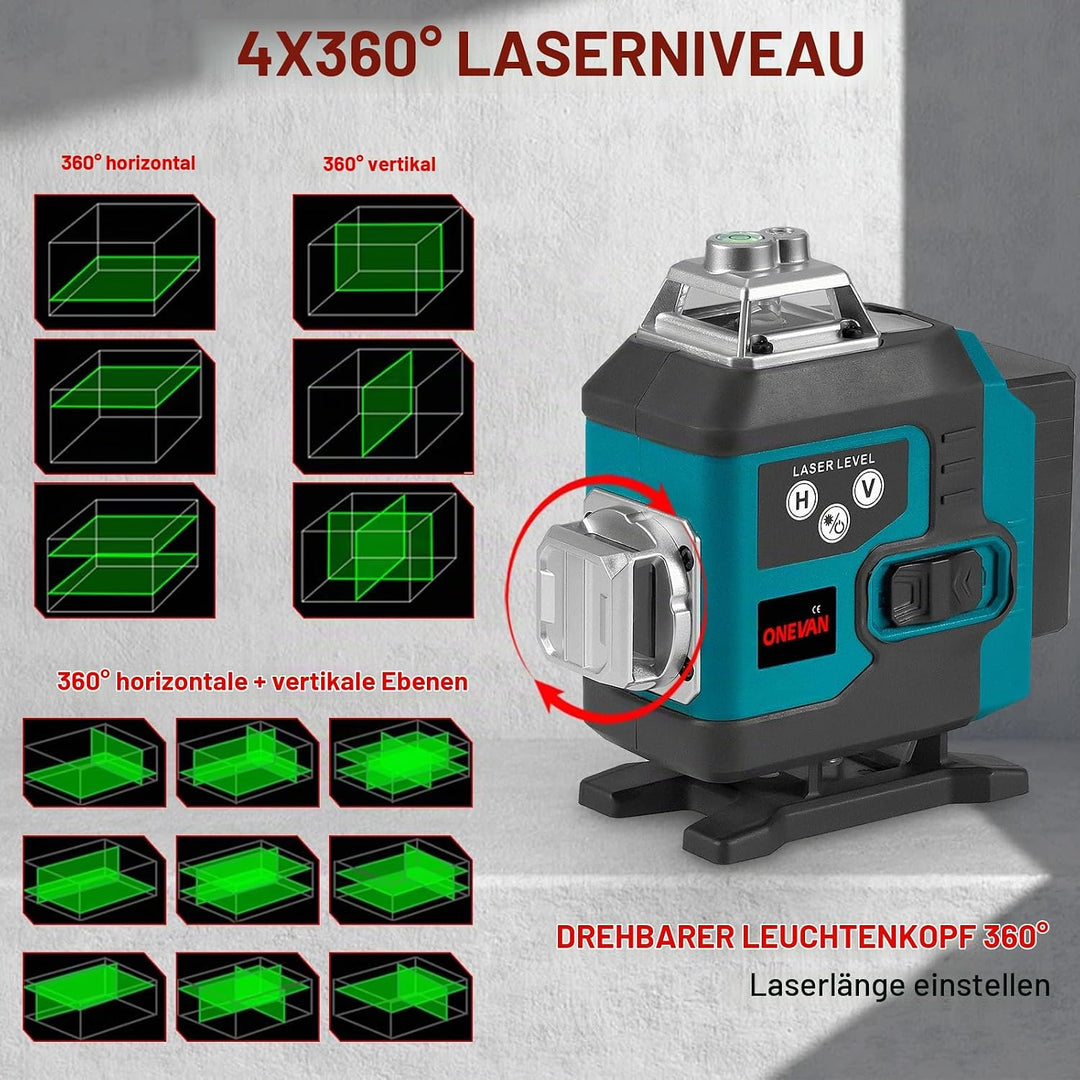 ONEVAN Kreuzlinienlaser mit Stativ, 4D 16 Linien Grün Laser Wasserwaage, Selbstnivellierend ±3°, 25m
