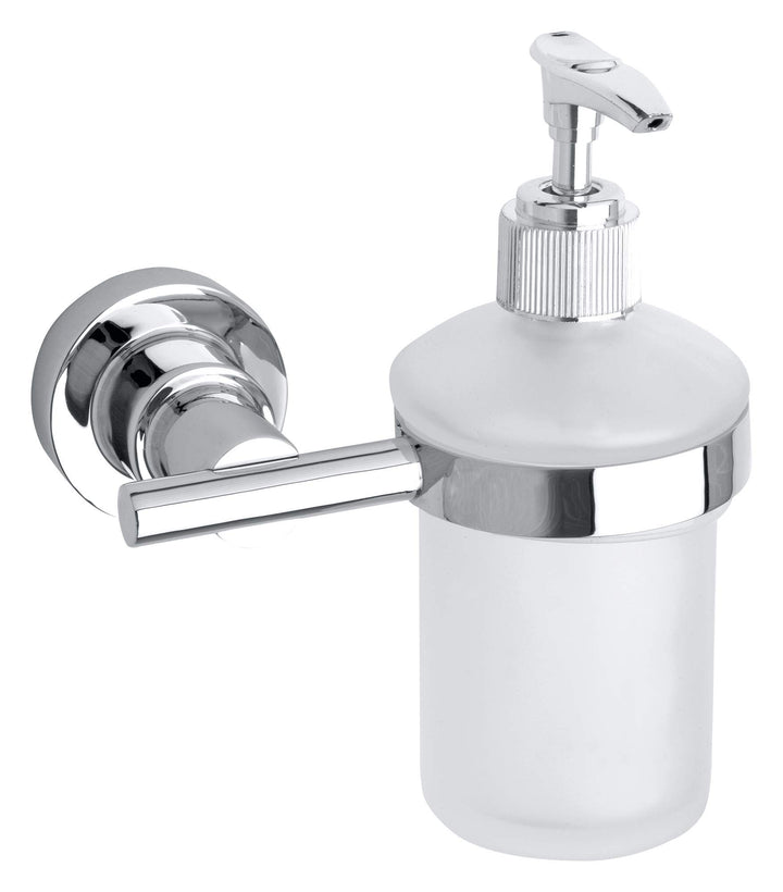 tesa LUUP Seifenspender-Set, satiniertes Glas und verchromter Edelstahl - Flüssigseifenspender zur W