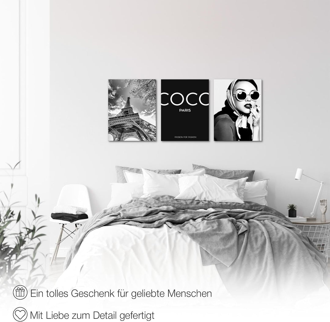 Novart Wandbilder Set Coco - KOMPLETT AUFHÄNGFERTIG - Wohnzimmer Mädchen Teenager Deko - 3 Moderne B