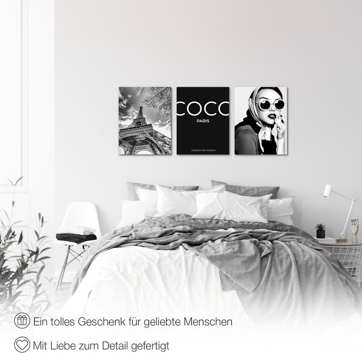 Novart Wandbilder Set Coco - KOMPLETT AUFHÄNGFERTIG - Wohnzimmer Mädchen Teenager Deko - 3 Moderne B