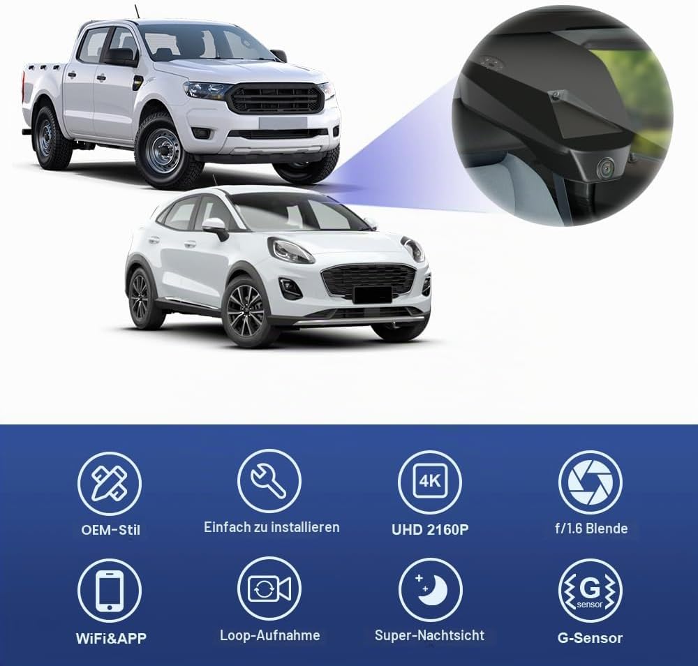 Fitcamx Dashcam 4K kompatibel mit Ford Ranger 2019 2020 2021 2022 und Puma 2020-2023, integrierter O